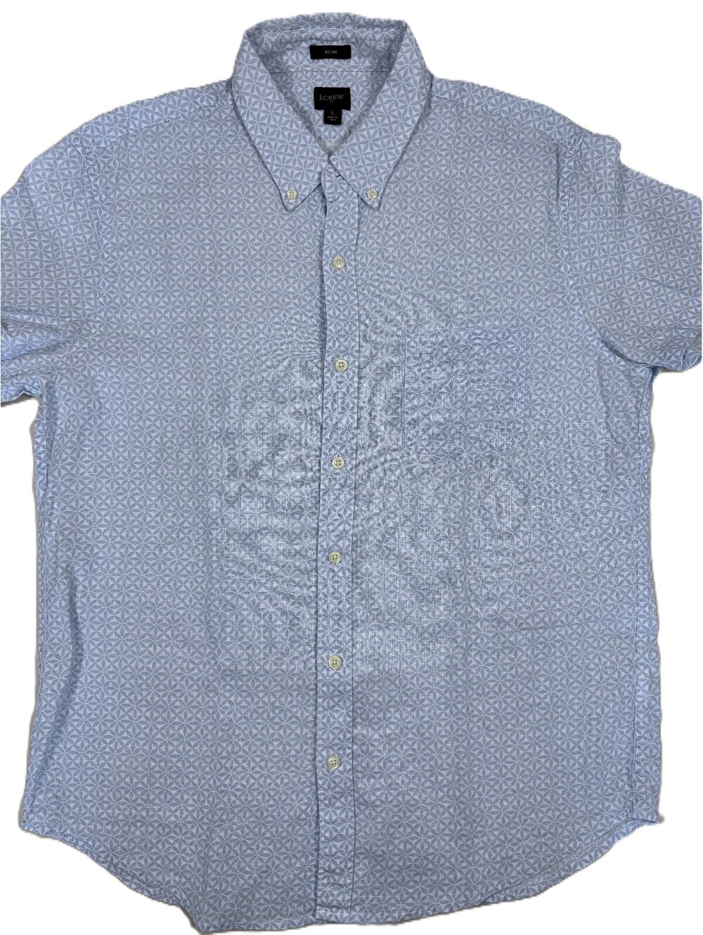 J. Crew Men's Short Sleeve Shirt Large Light Blue Geometric Medallion Slim Fit